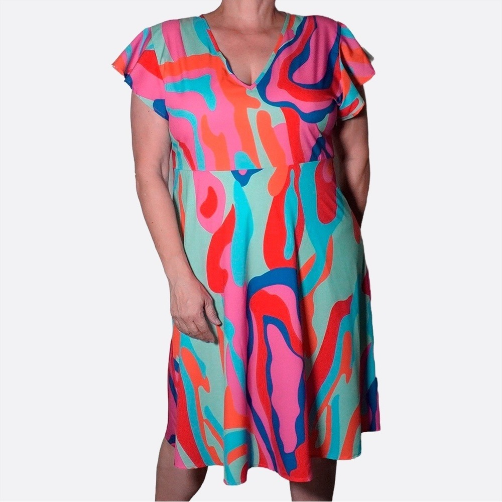 NWT Retro Psychedelic‎ Abstract Flutter Sleeve Midi Dress Vibrant Summer Soirée